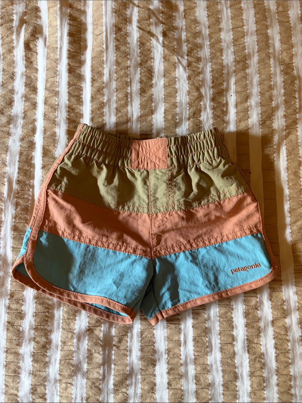 Patagonia Girls Colorblock Athletic Shorts in Olive, Peach & Light Blue